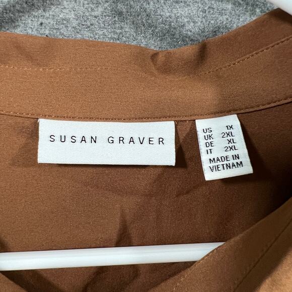 Susan Graver Regular Stretch Woven Button Front Duste Toffee Size 1X - Picture 3 of 12